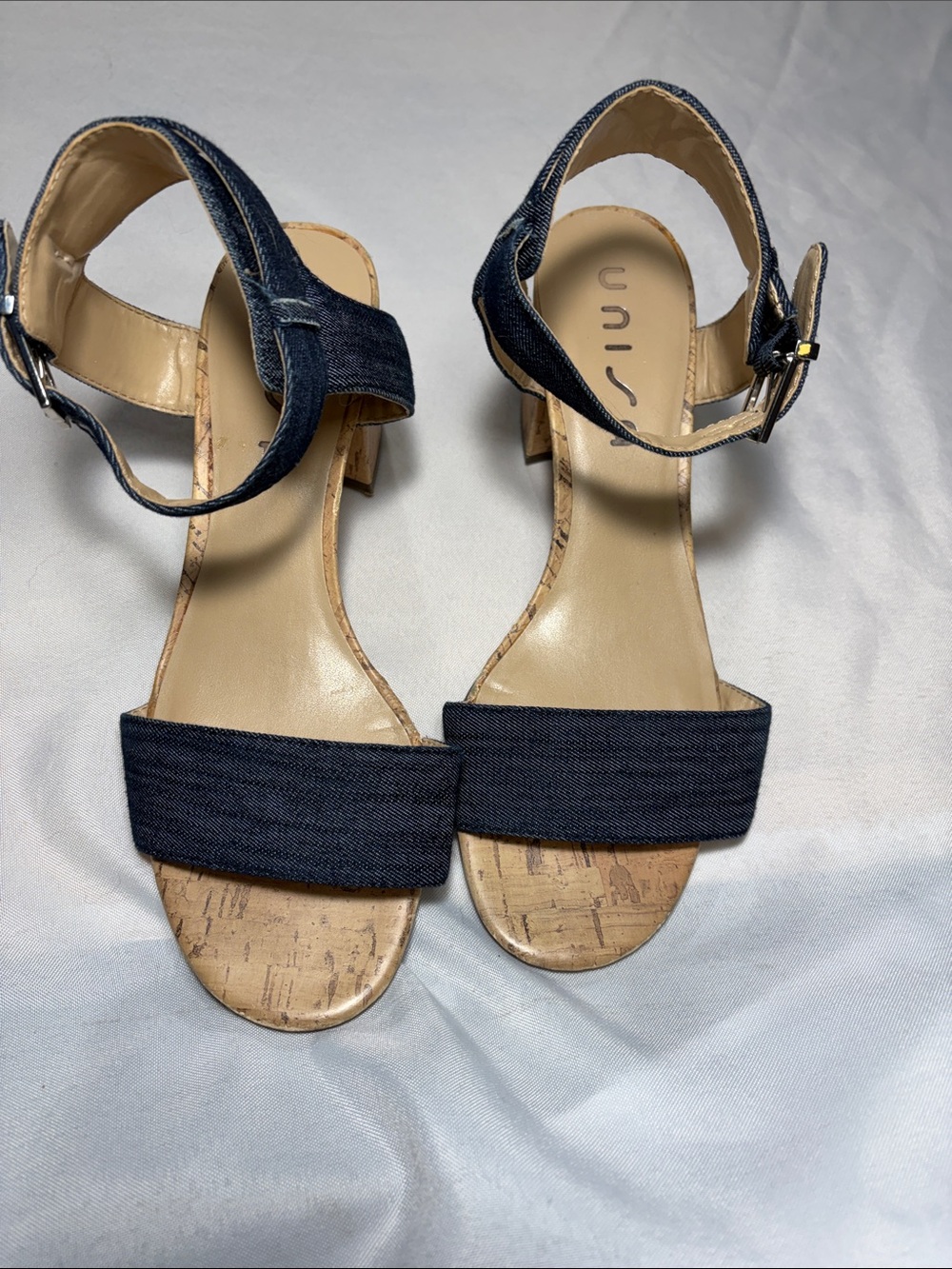 Unisa Dark Blue Denim Cork Block Heel Sandals